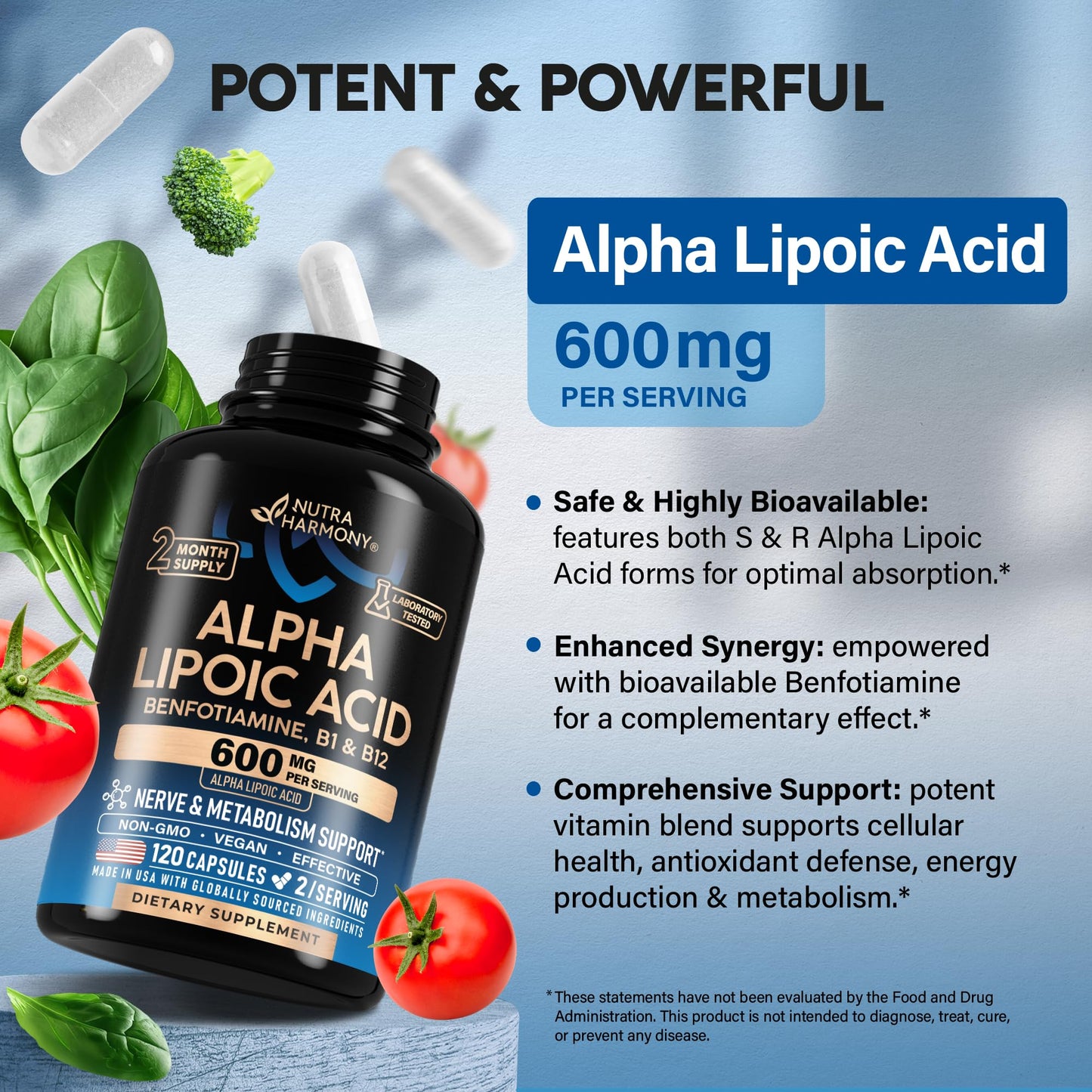 NUTRAHARMONY Alpha Lipoic Acid 600mg Capsules, 120 Count