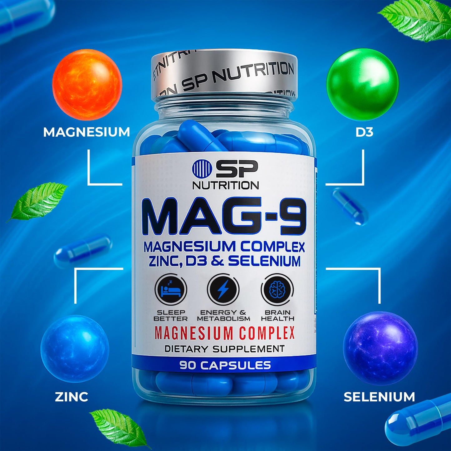 S Nutrition MAG-9 Magnesium Complex, Zinc, D3 & Selenium for Sleep & Energy Support, 90 Capsules