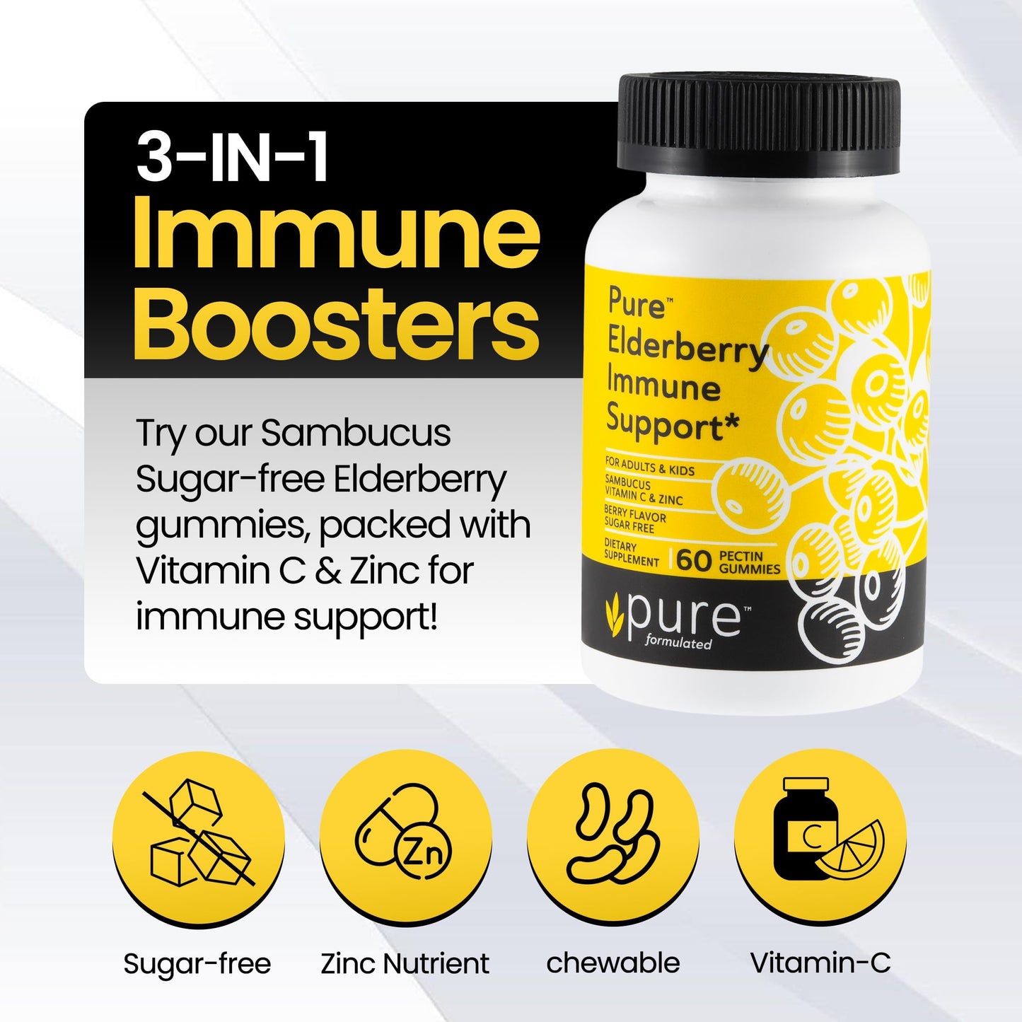 Pure Formulated Sambucus Elderberry Gummies with Vitamin C & Zinc Sugar-Free Immune Gummies for Adults & Kids Organic Elderberry Gummies 60 Count