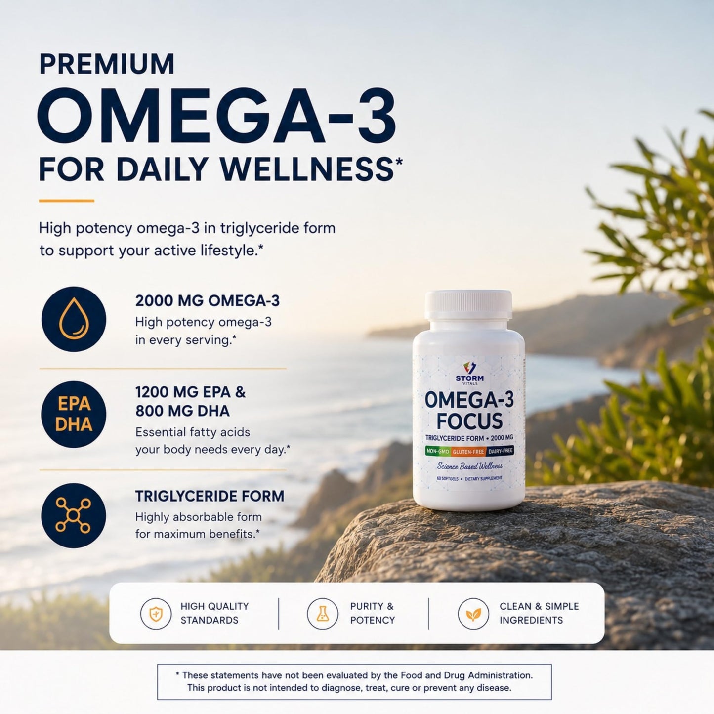 STORM VITALS Omega-3 Focus 2000mg with Nootropic Formula – Citicoline, DHA, EPA, B12, PQQ, Folate & P5P – Triglyceride Form Omega 3 Softgels 60