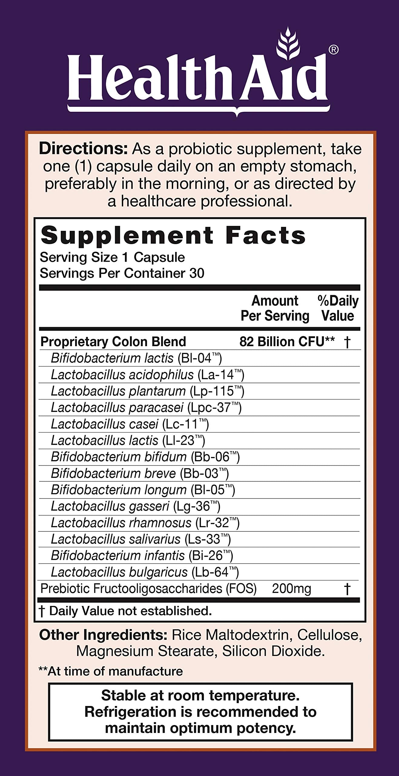 HealthAid ColonProbio 82 Billion CFU Probiotic with Prebiotic, High Bifido Formula, 14 Strains, Once Daily, 30 Capsules