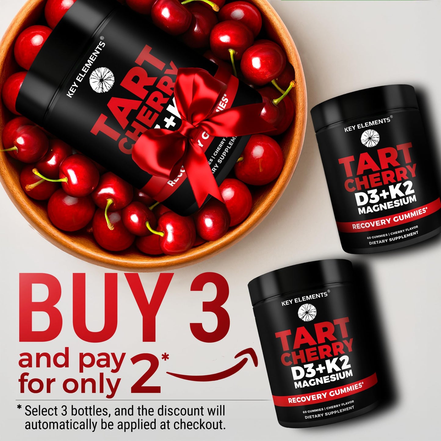 KEY ELEMENTS Recovery Tart Cherry Gummies with Vitamin D3 K2 5000 IU & Magnesium, 60 Gummies