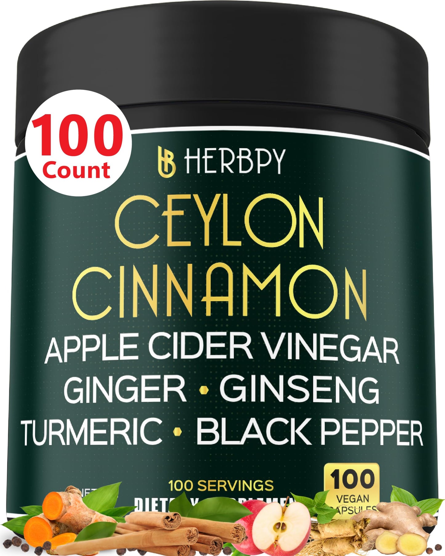Herbpy 6in1 Premium Ceylon Cinnamon Supplement Plus Apple Cider Vinegar, Turmeric, Ginger, Ginseng Capsules 100 Count