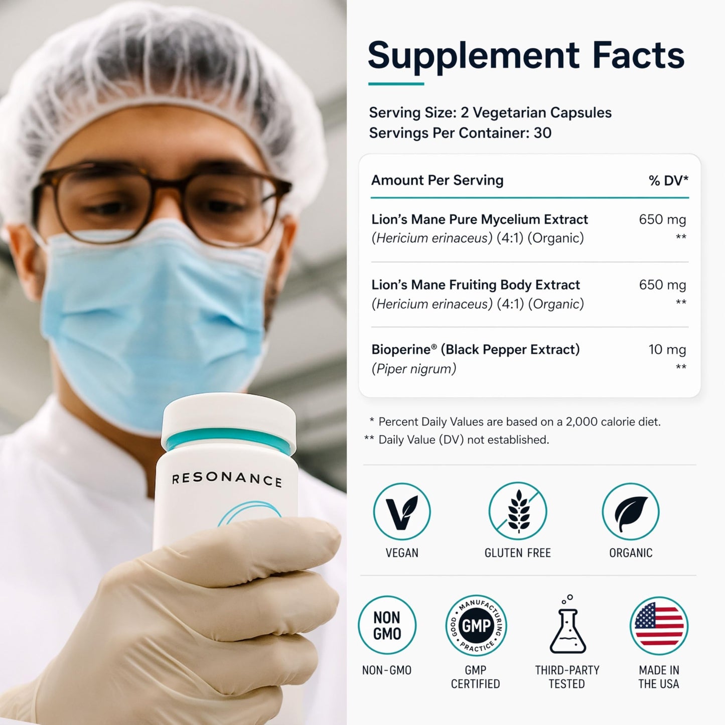 Resonance Health Lions Mane 01 Premium Organic Lion's Mane Mushroom Supplement 60 Capsules