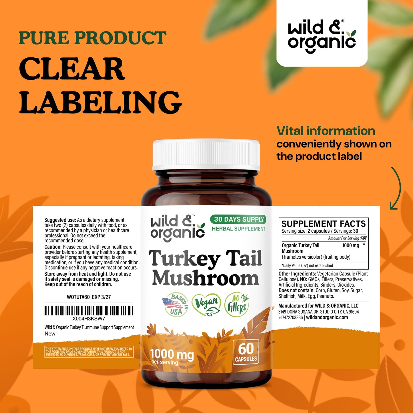 Wild & Organic Turkey Tail Mushroom Capsules 1000 mg Immune Support, 60 Capsules