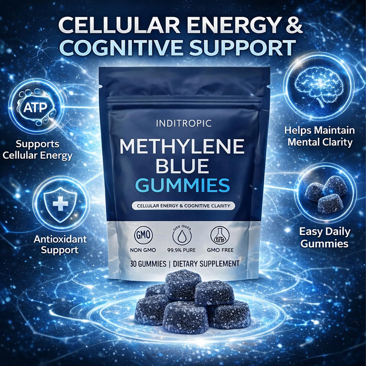 DXWXH Inditropic Methylene Blue Gummies, 5mg Methylene Blue per Gummy, 30 Gummies