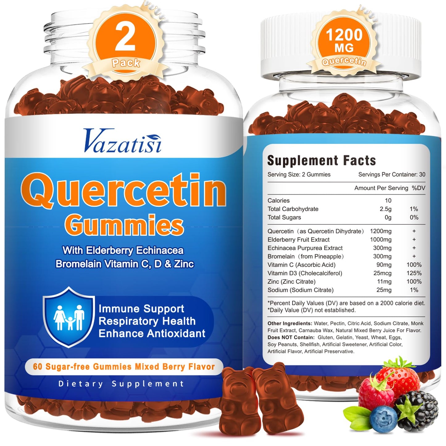 Vazatisi Quercetin with Bromelain Gummies, Vitamin C, Zinc & Elderberry for Immune Support, Mixed Berry, 120 Gummies