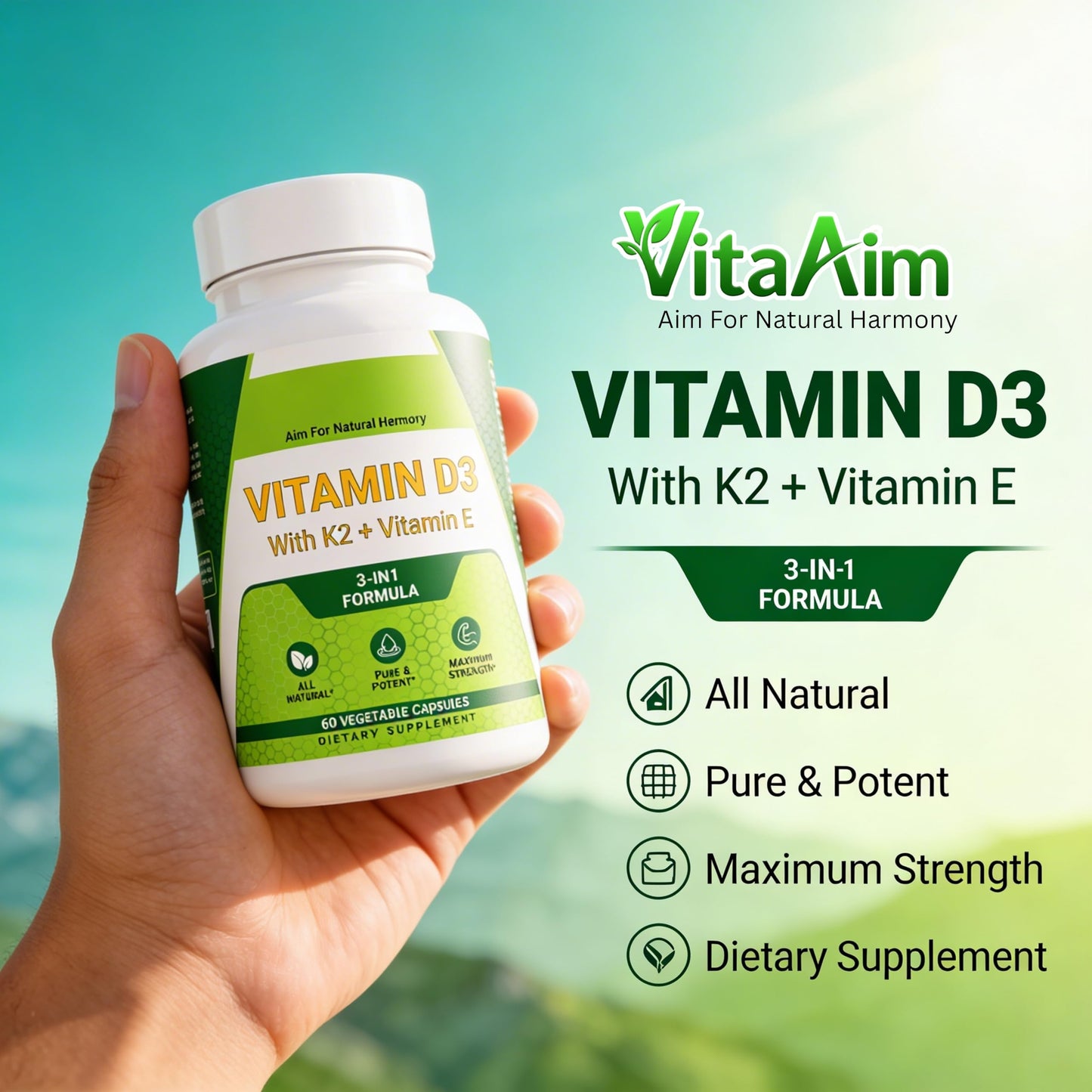 VitaAim Vitamin D3 with K2 + Vitamin E Softgels, 60 Count