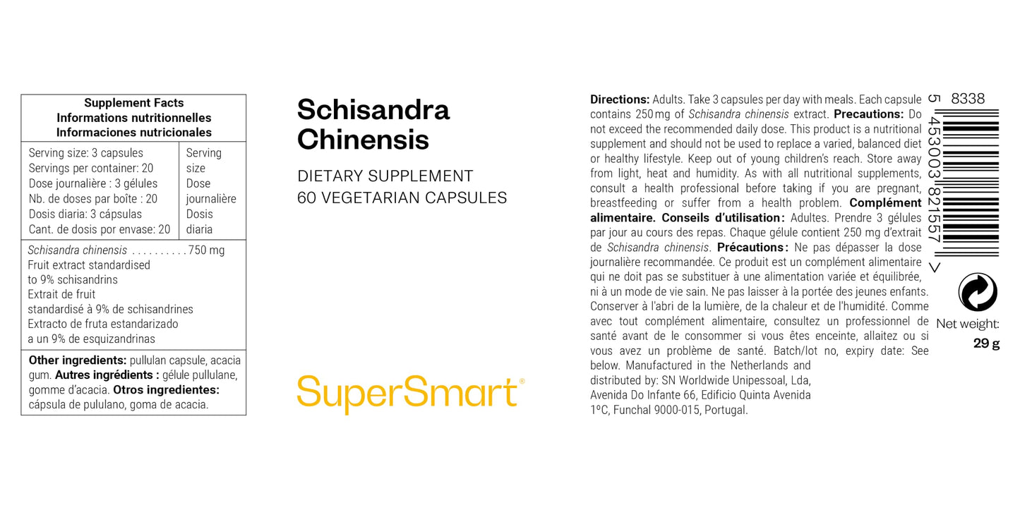 Supersmart Schisandra Chinensis 750mg per Day High Strength 10:1 Extract Schisandra Berry Supplement 60 Capsules