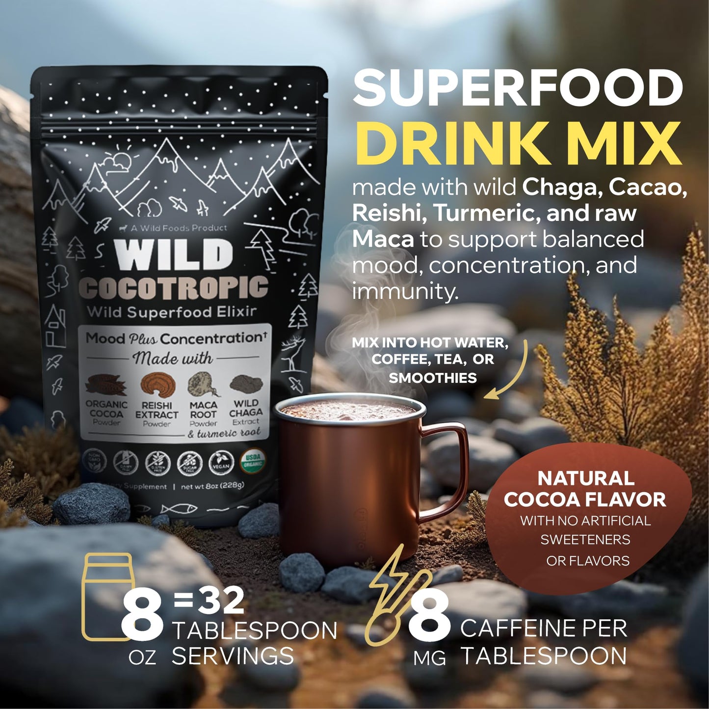 Wild Foods Cocotropic Organic Mushroom Cacao Mix & Collagen Peptides Bundle Powder 32
