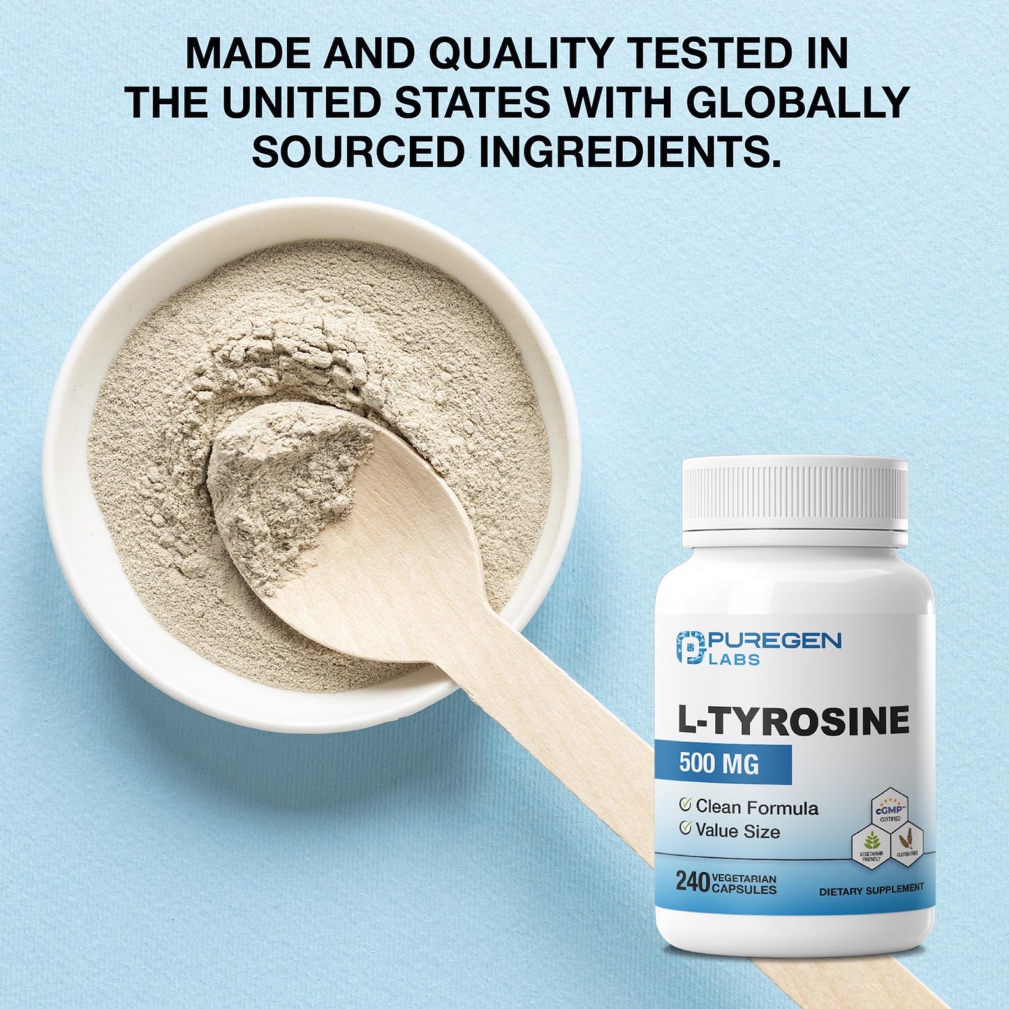 P Puregen Labs L-Tyrosine 500 mg Vegetable Capsules, 240 Count