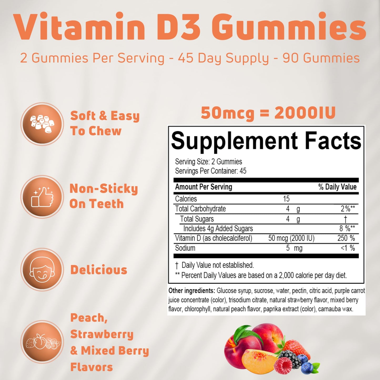 NUELATION Vitamin D3 Gummies for Adults 2000 IU, 90 Gummies
