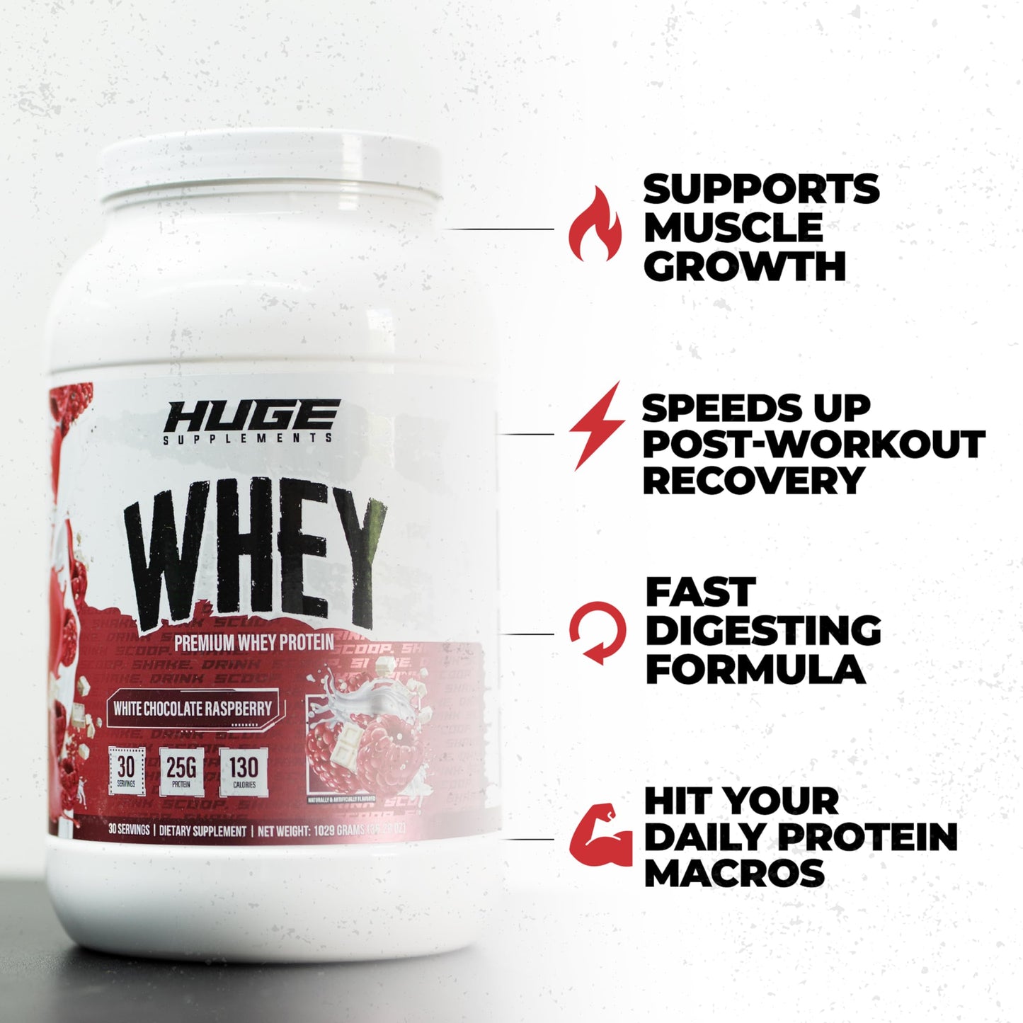 Huge Supplements Huge Whey Protein Powder, White Chocolate Raspberry, 30 Servings
