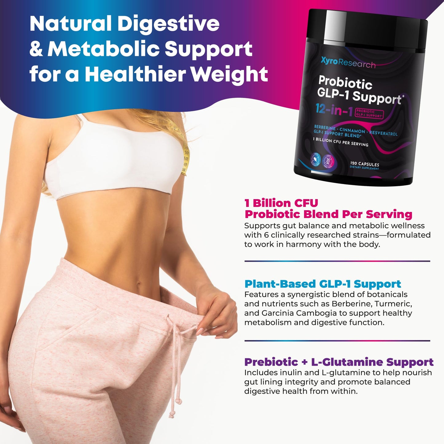 Xyro Research GLP-1 Support Probiotic Weight Loss Supplement with Berberine Capsule 120 Count