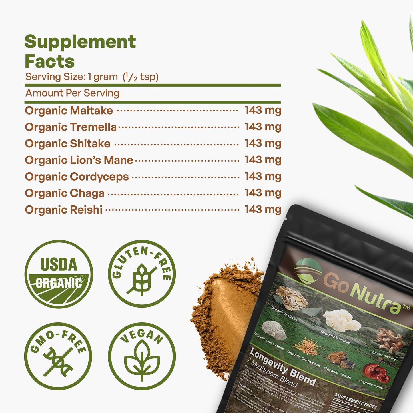 Go Nutra Organic 7 Mushroom Supplement Powder, 8 oz