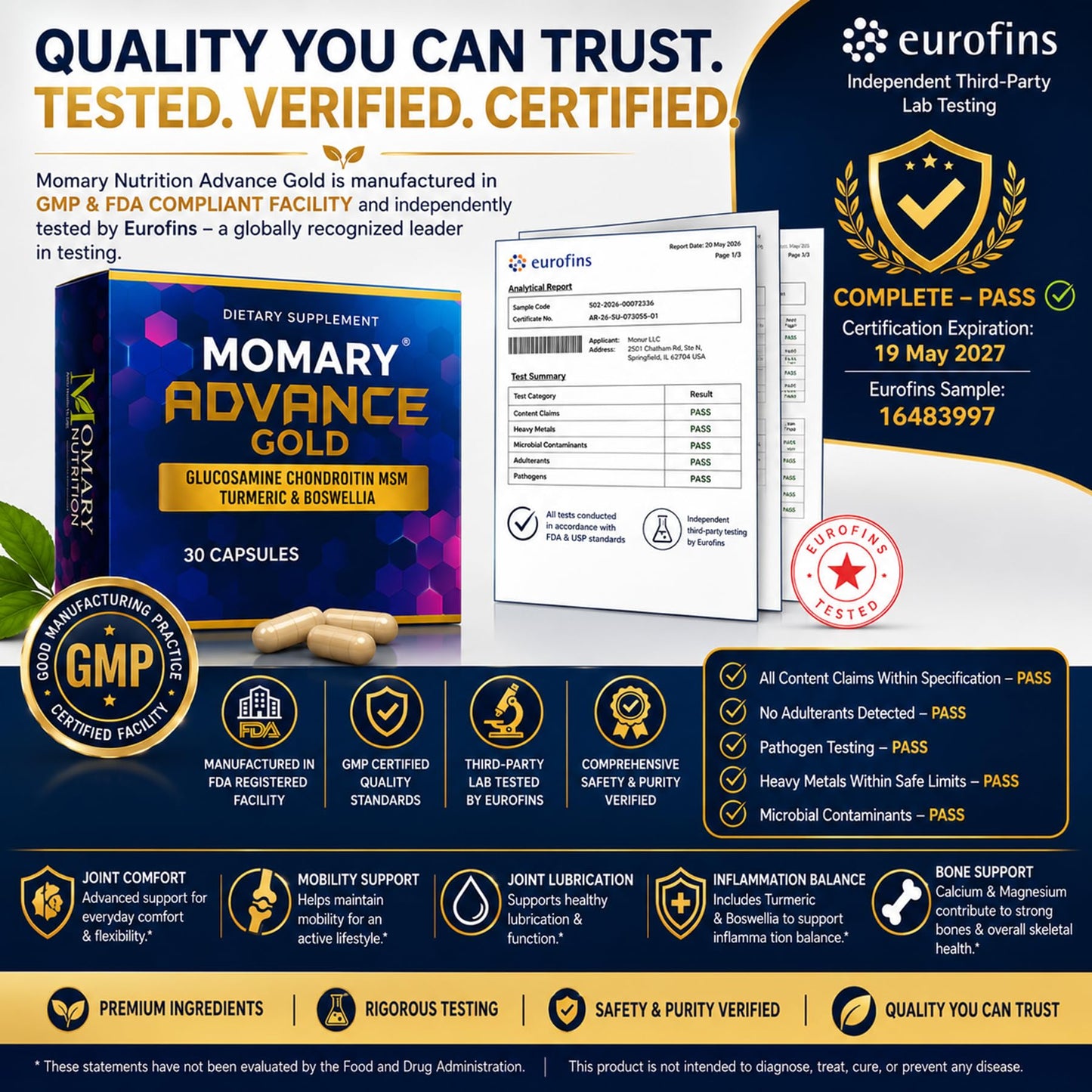 MOMARY NUTRITION Advance Gold Glucosamine Chondroitin MSM Turmeric Boswellia Calcium & Magnesium – Advanced Joint Comfort & Mobility Support Capsules, 30 Count