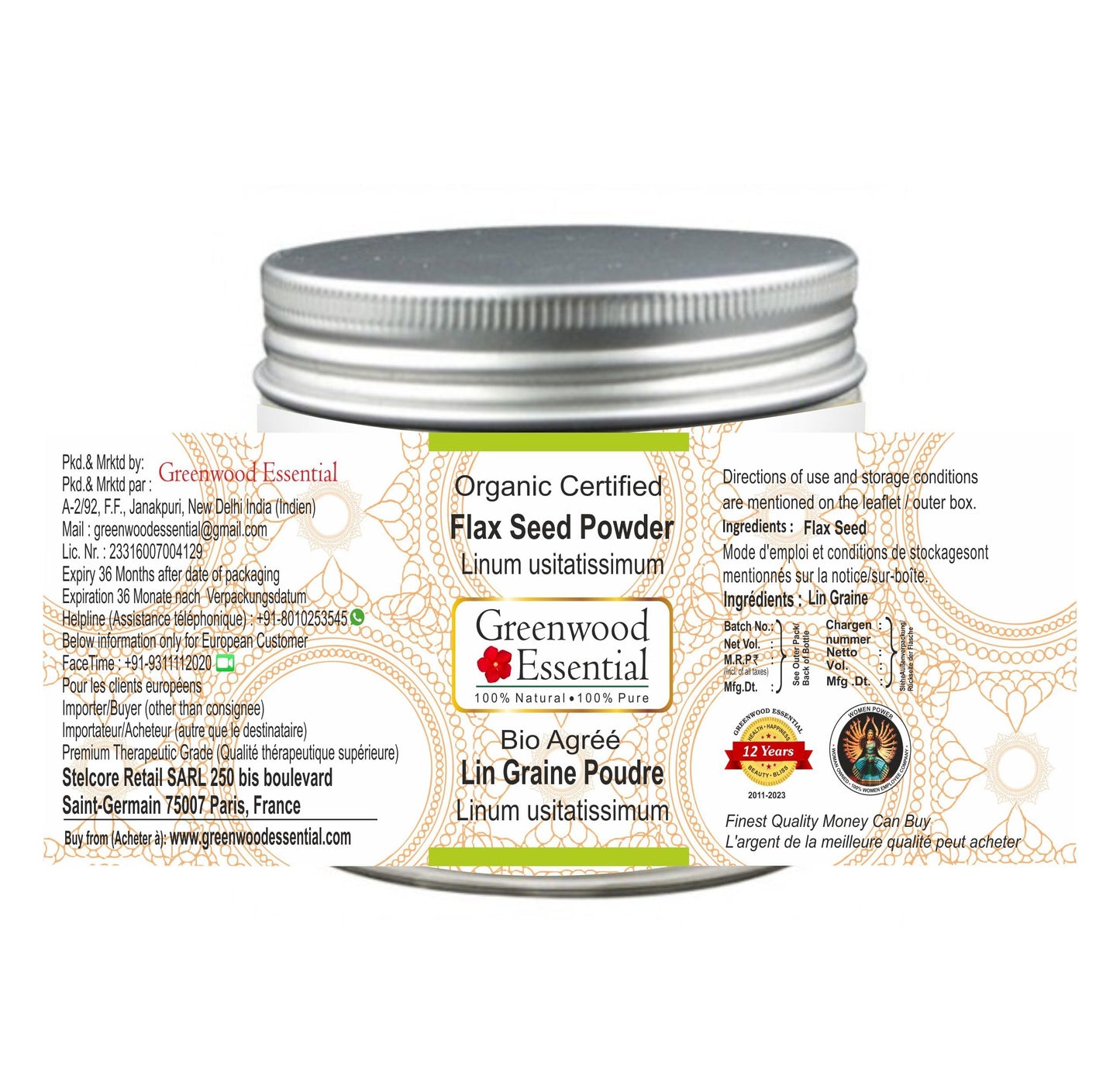 Greenwood Essential Flax Seed Powder Organic Certified, 200gm, 1