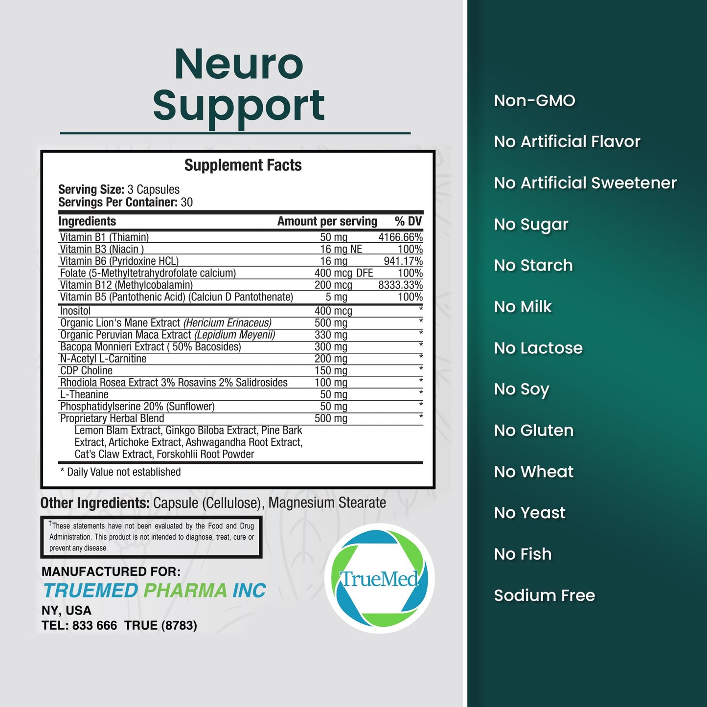 TRUEMED Neuro Support Veg Capsules 90 Count