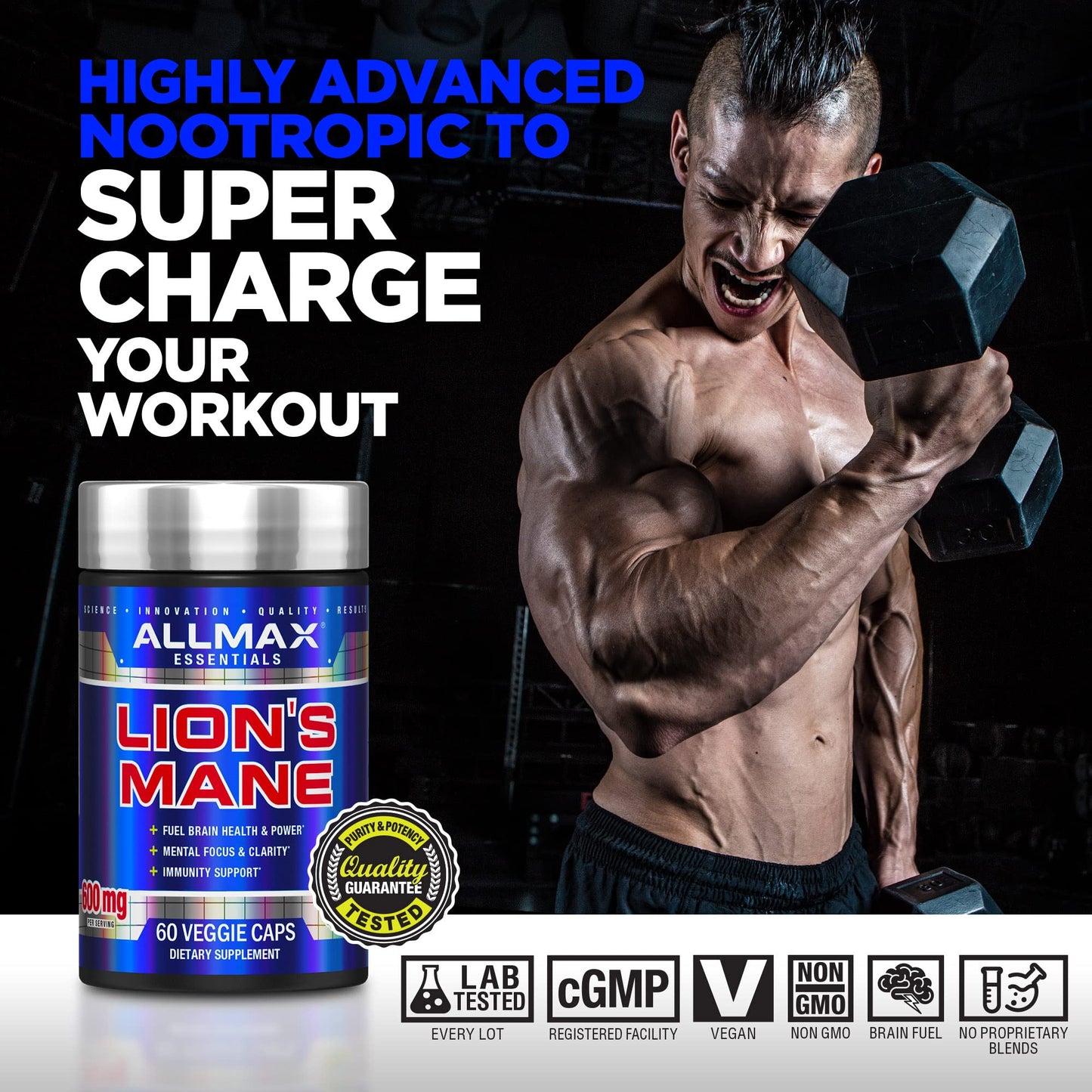 ALLMAX Lion's Mane Nootropic Capsules, 60 Count, 30 Servings