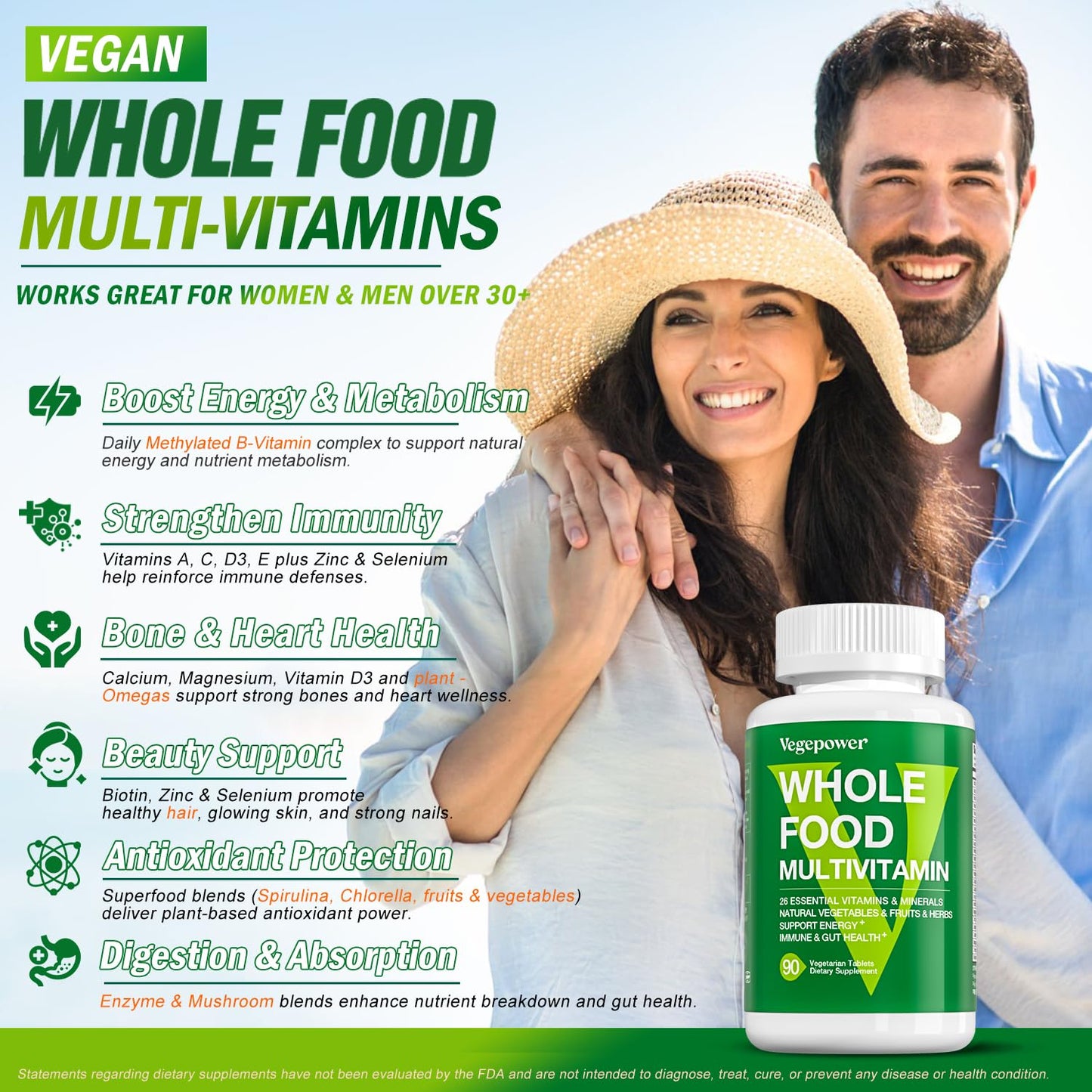 VEGEPOWER Vegan Whole Food Multivitamins with Iron, 90 Tablets