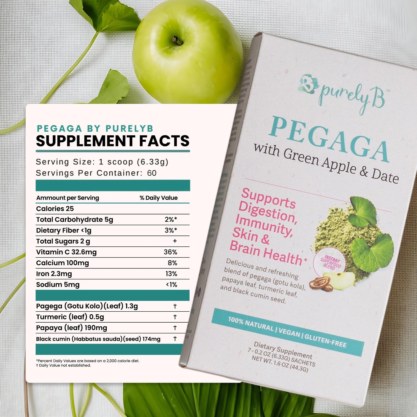 PurelyB Pegaga (Gotu Kola) Herbal Superfood Blend Green Apples & Dates Powder, 60 Servings