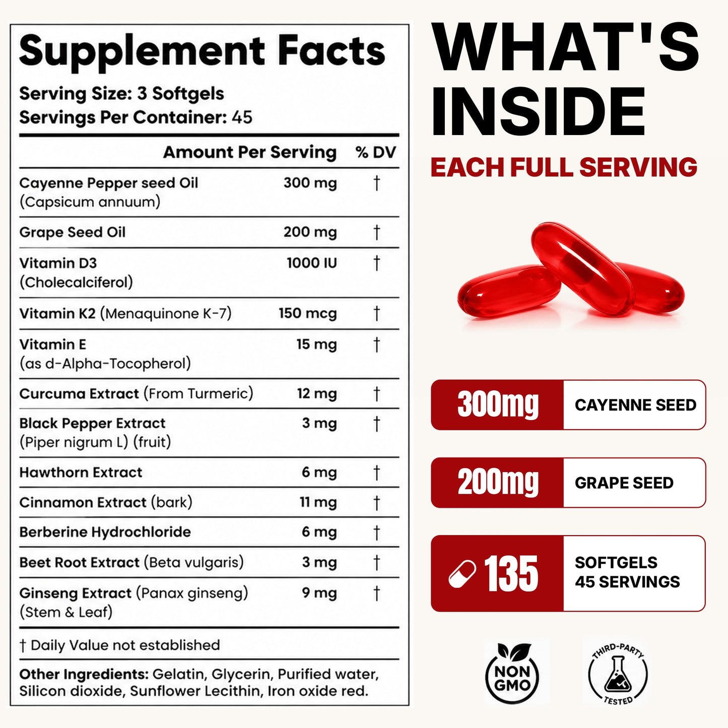 Clear Probiotics Cayenne Pepper Softgels 300mg Capsaicin D3 K2 E Blood Flow Support, 135 Count