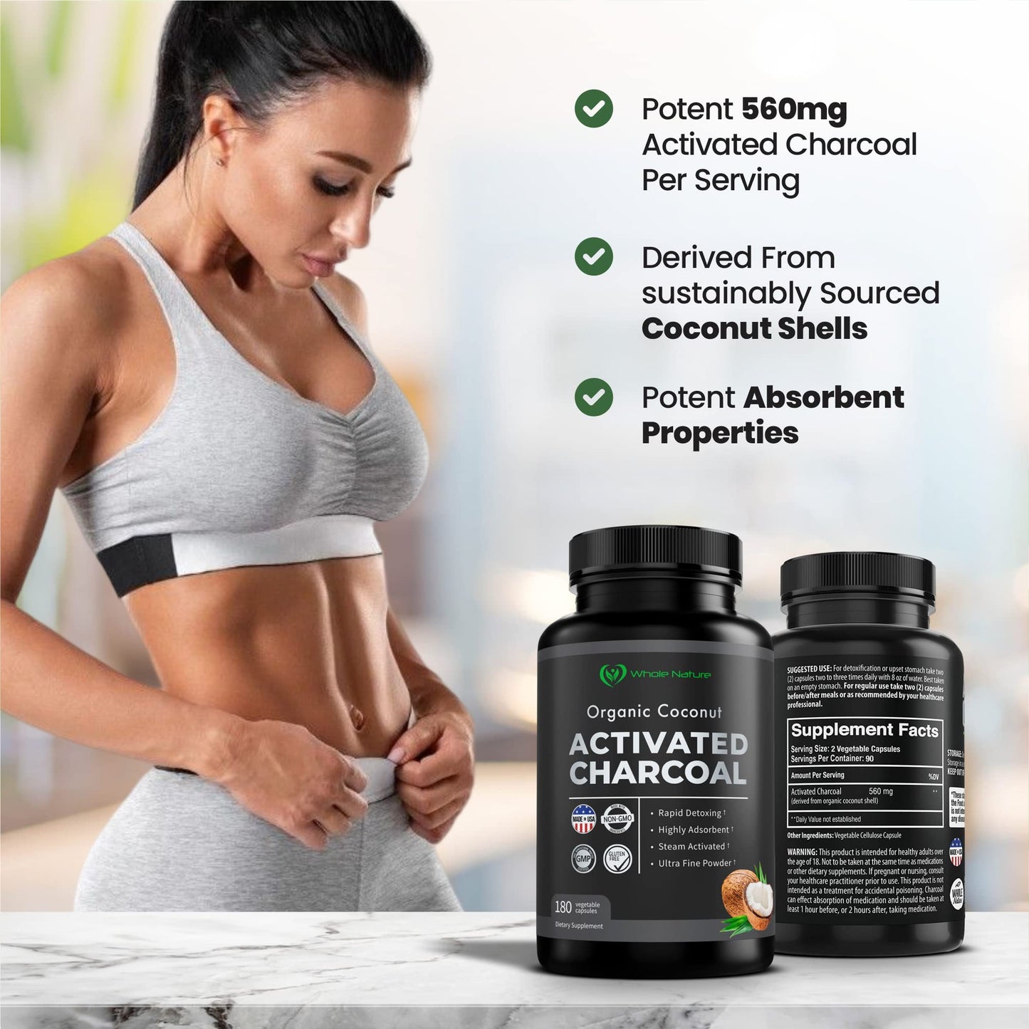 Whole Nature Coconut Activated Charcoal Capsules, 3 Count