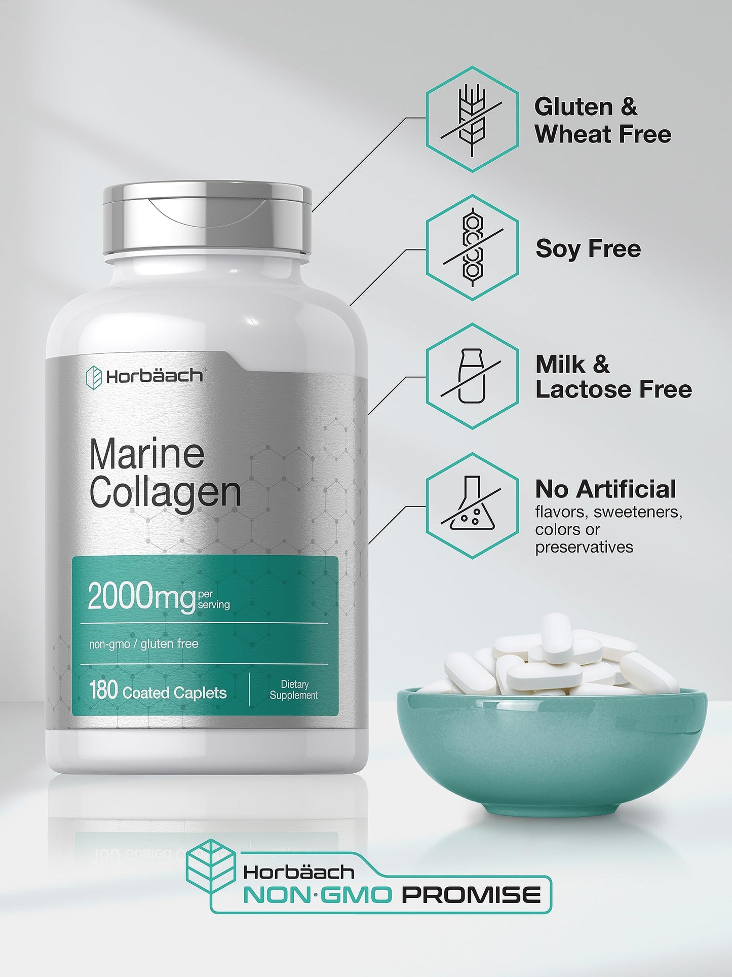 Horbäach Marine Collagen Peptides 2000mg Caplets 180 Count