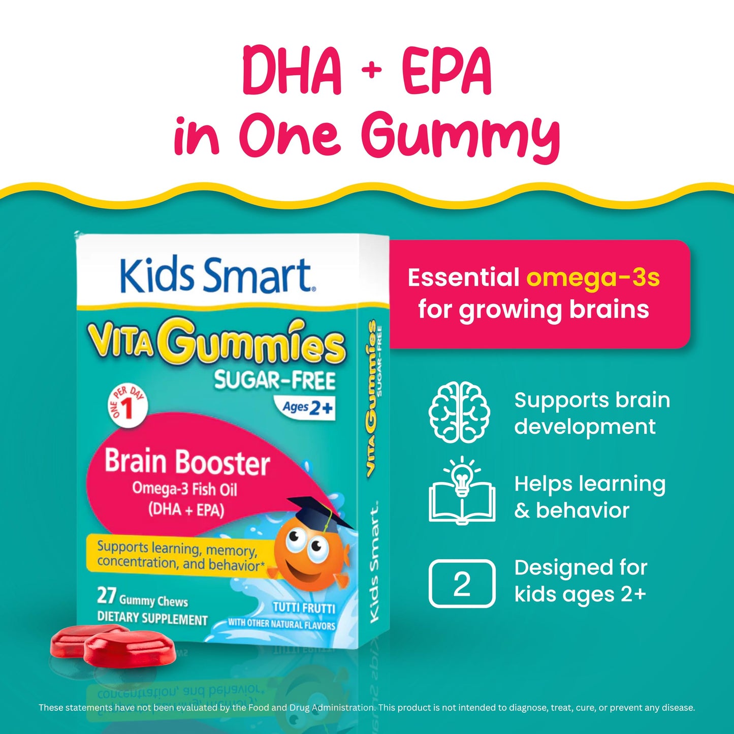KIDS SMART Brain Booster Omega-3 DHA EPA Gummies Chewable 27 Count