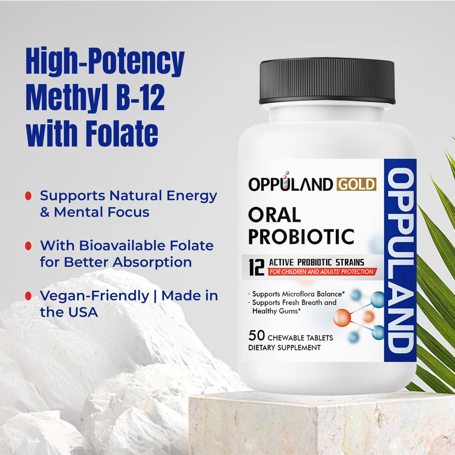 oppuland Oral Probiotic with 12 Probiotic Strains, BLIS K12 M18, B. lactis & L. Reuteri Chewable 50 Tablets