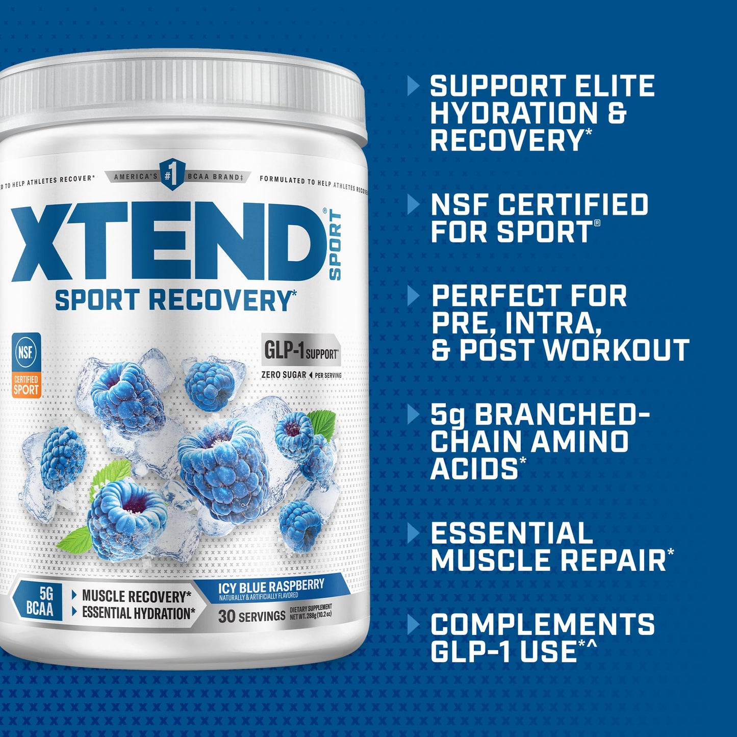 Scivation XTEND Sport BCAA Powder Blue Raspberry Ice Electrolyte Powder for Recovery & Hydration with Amino Acids, 12.2 oz
