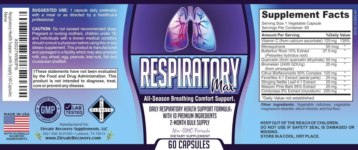 Elevate Recovery Supplements Respiratory-Max Lung & Respiratory Support Supplements 60 Capsules