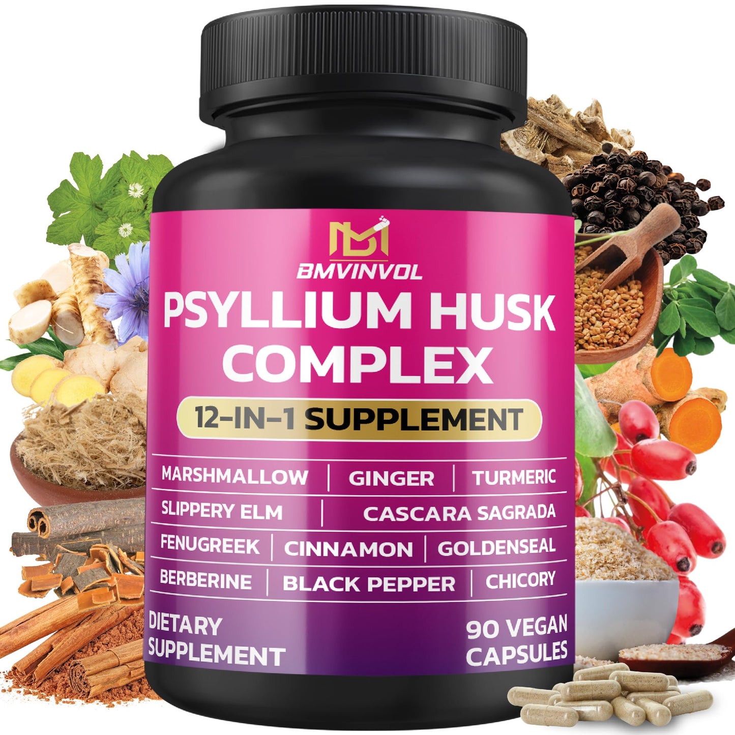 BMVINVOL Psyllium Husk, Slippery Elm, Cascara Sagrada, Fenugreek, Berberine, Cinnamon, Turmeric + 5 Mores Capsules, 90 Count