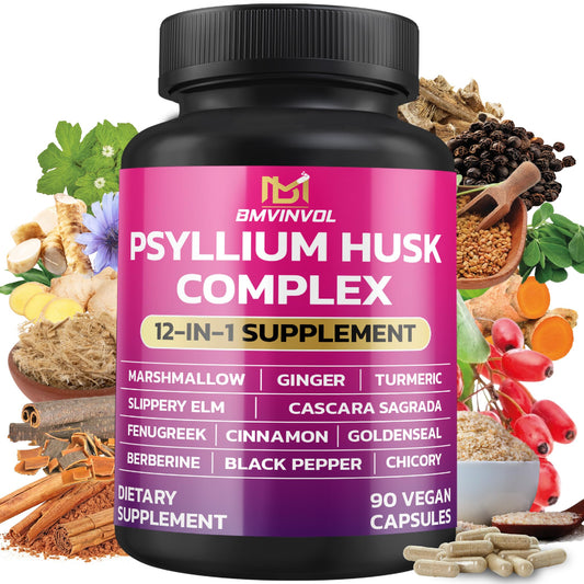 BMVINVOL Psyllium Husk, Slippery Elm, Cascara Sagrada, Fenugreek, Berberine, Cinnamon, Turmeric + 5 Mores Capsules, 90 Count