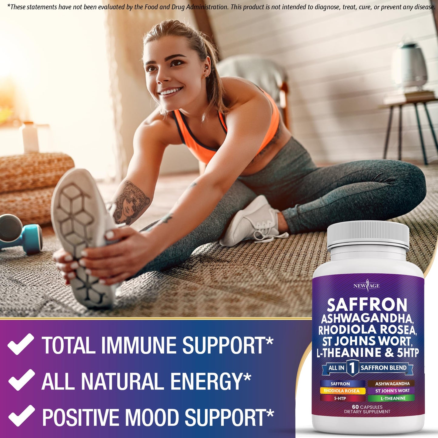 NEW AGE Saffron Supplements with Ashwagandha Capsules, 60 Count