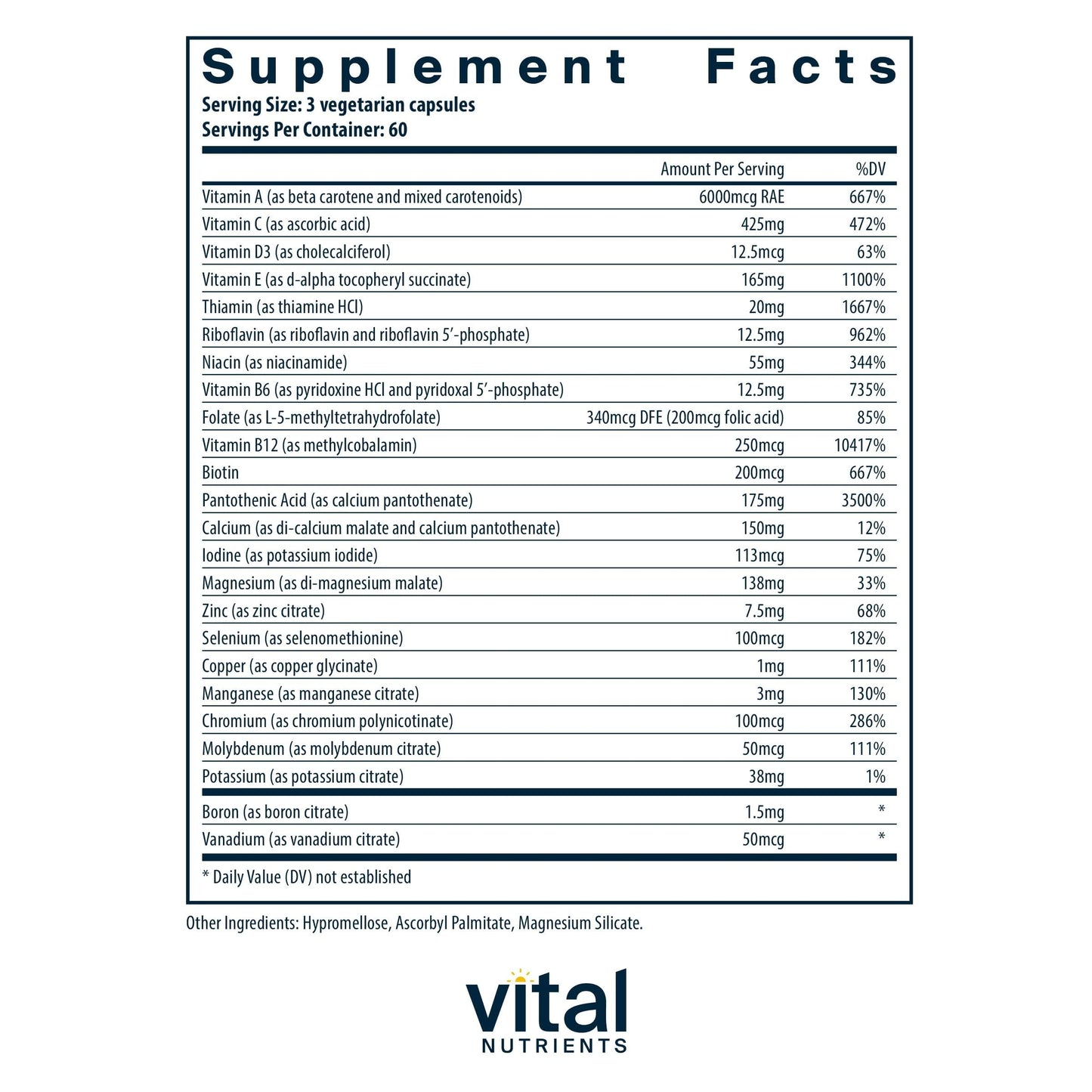 Vital Nutrients Multi-Nutrients 2 Citrate/Malate Formula with Copper and Without Iron, Multi-Vitamin/Mineral, Potent Antioxidants, Gentle Bioavailable Form, 180 Vegetarian Capsules