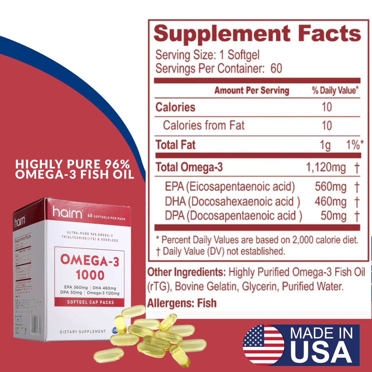 HAIM Omega-3 1000 Fish Oil Softgels 60 Count