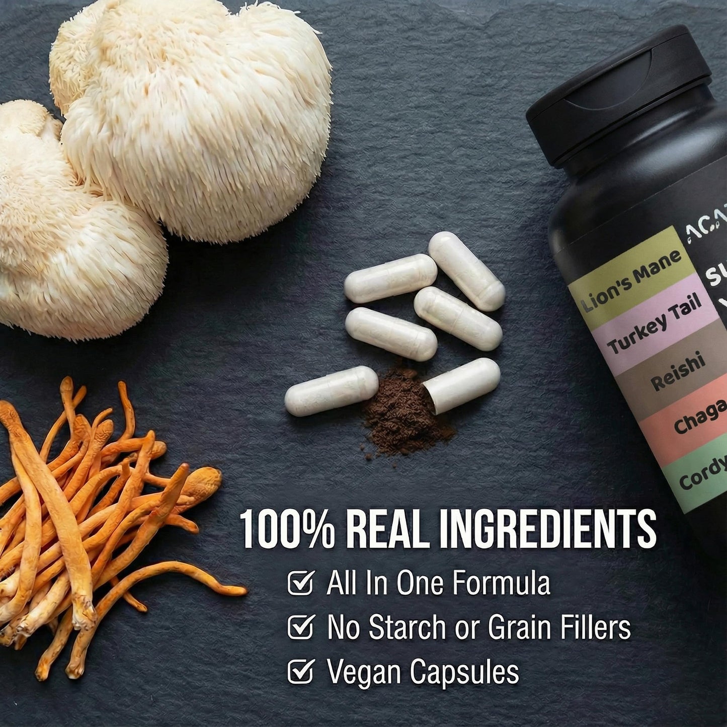 ACAPPELLA Lion's Mane Mushroom Capsule Turkey Tail Reishi Chaga Cordyceps Supplement 120 Count