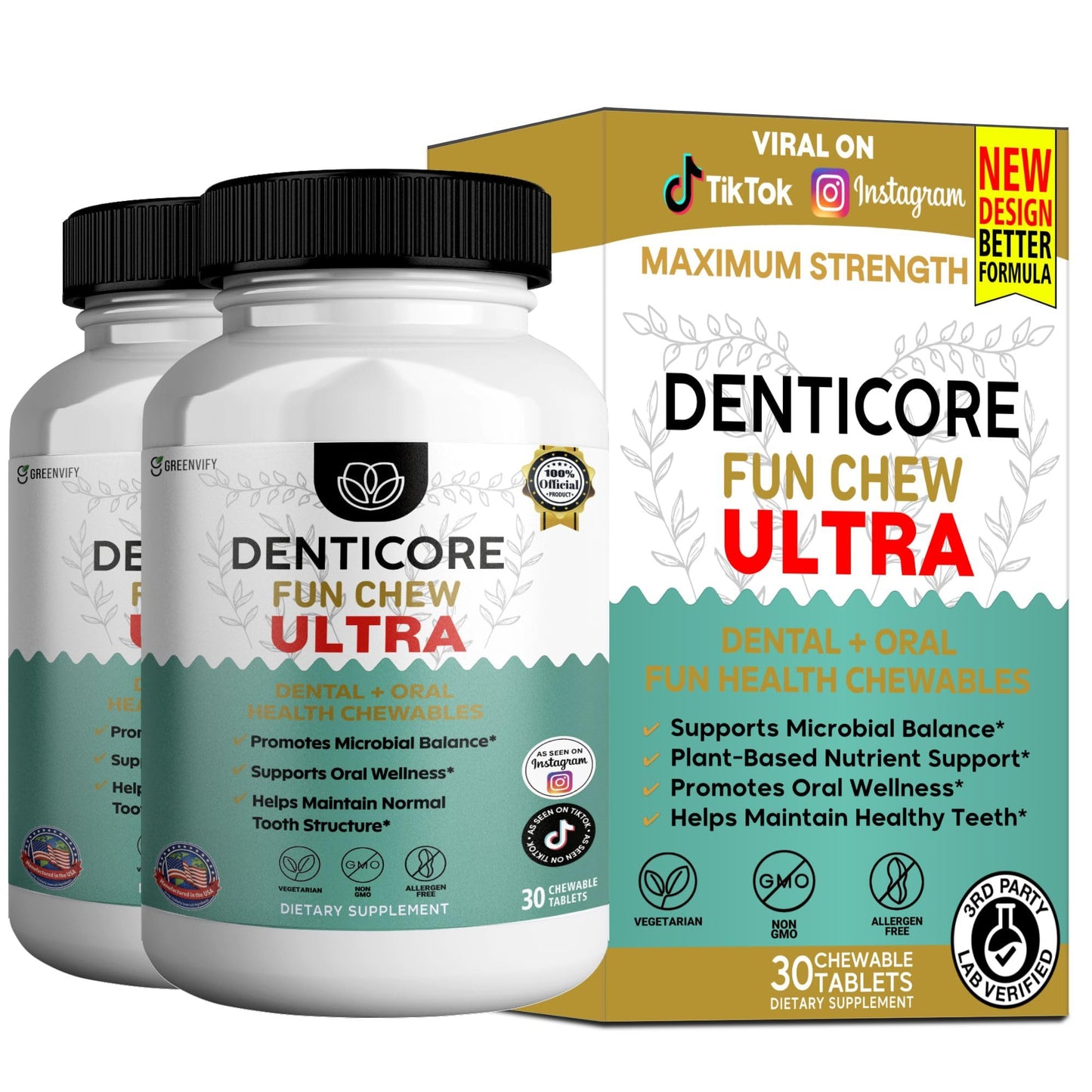GREENVIFY Denticore Fun Chew Ultra, Dental Support Blend, 3-Strain Probiotic, 30 Chewable Tablets