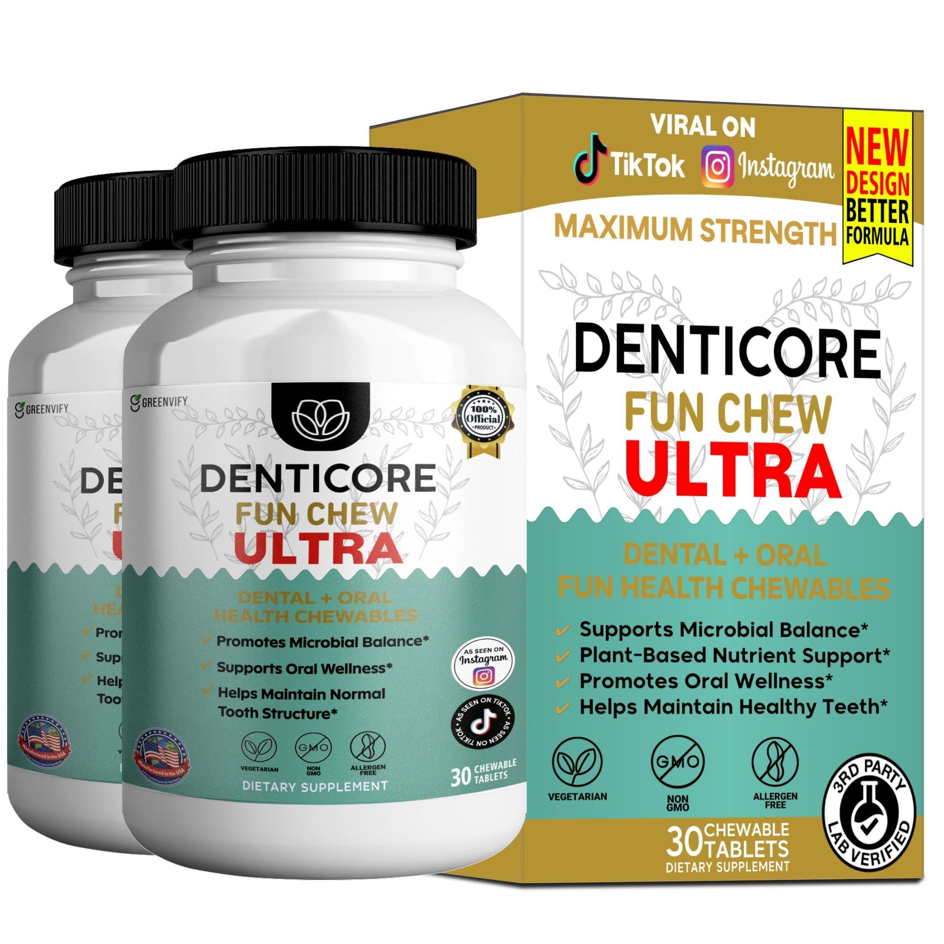 GREENVIFY Denticore Fun Chew Ultra, Dental Support Blend, 3-Strain Probiotic, 30 Chewable Tablets