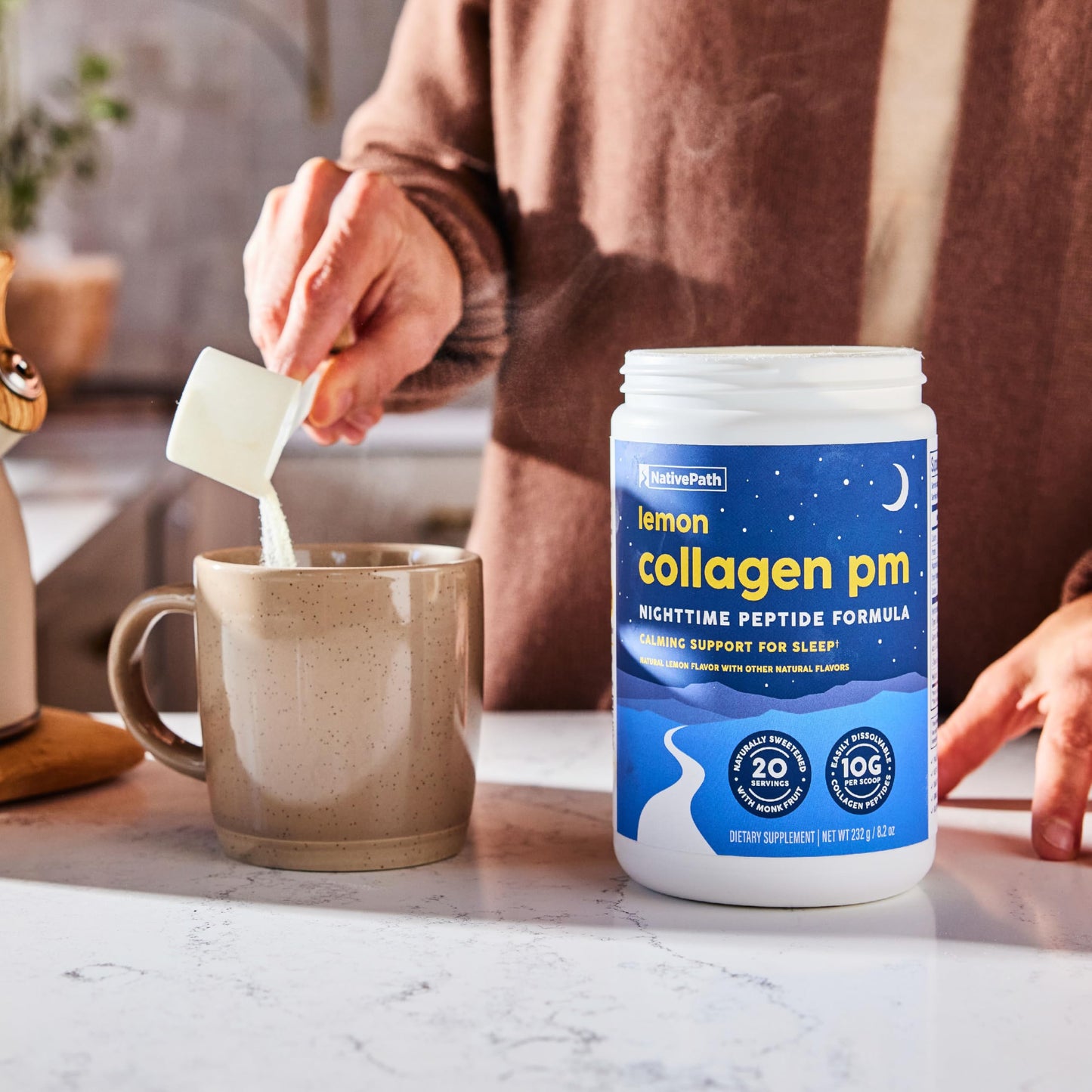 NativePath Collagen PM Sleep Powder Lemon - Melatonin, Magnesium, GABA & L-Theanine with 10g Grass-Fed Collagen - 20 Servings, Nighttime Recovery Drink, 8.2 Ounce