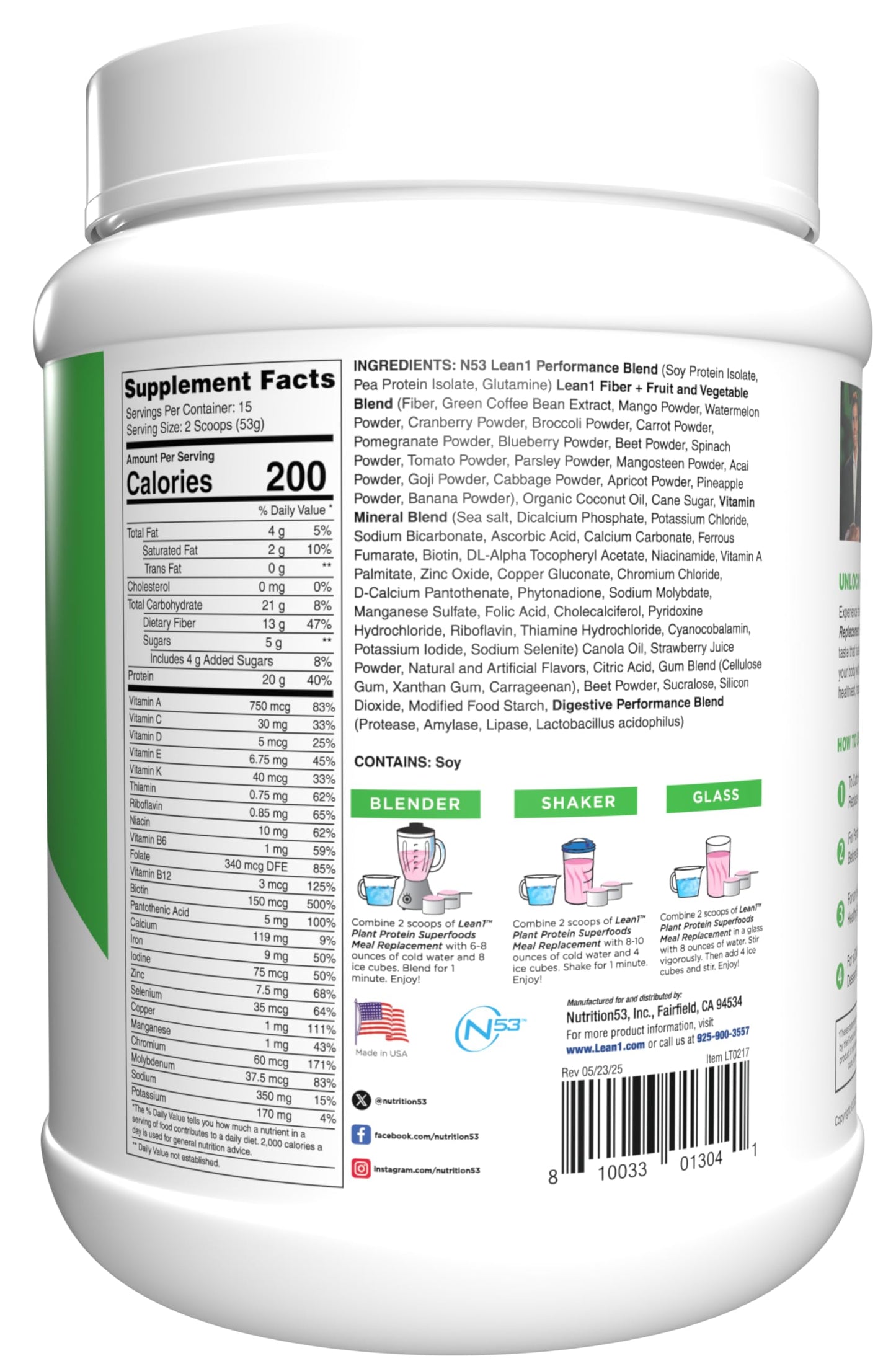 LEAN1 Plant Based Protein Powder Meal Replacement Strawberry Flavor, 27 Servings