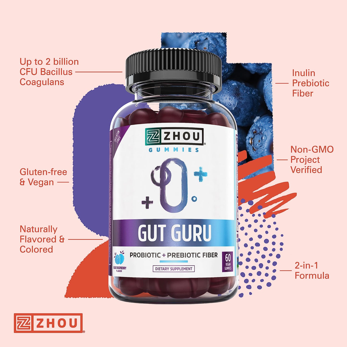 ZHOU Gut Guru Gut Health Gummies, 60 Count