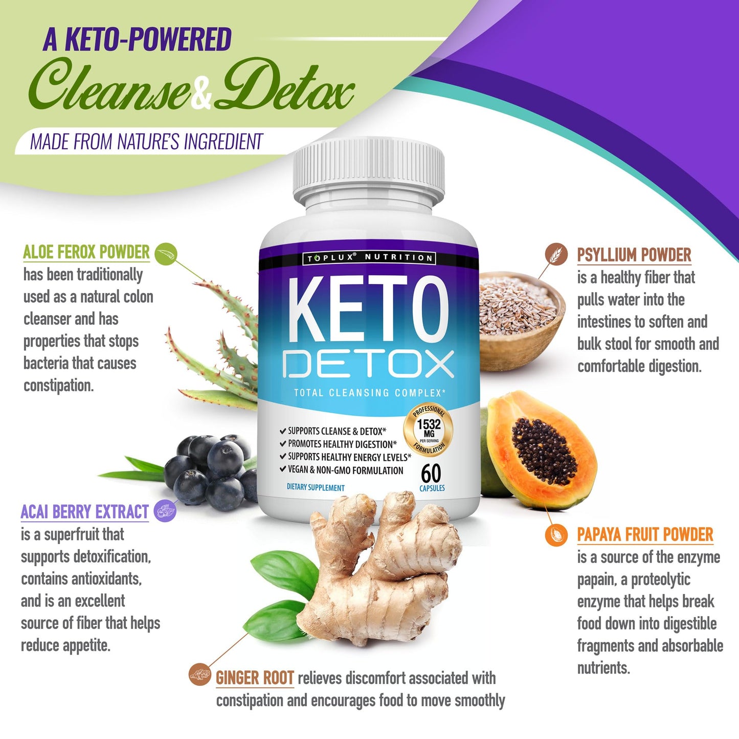 Toplux Keto Detox Pills Advanced Cleansing Extract 1532 Mg Natural Acai Colon Cleanser Formula Capsules, 60 Count