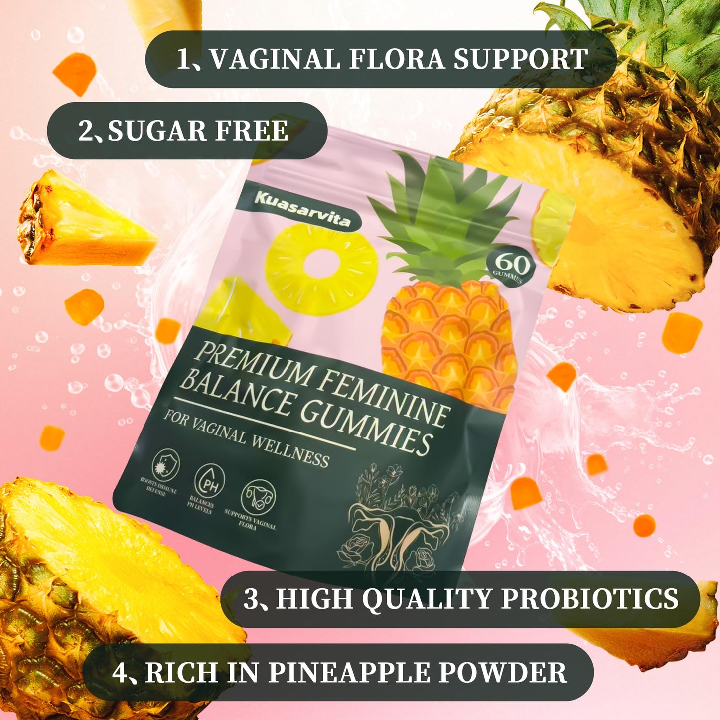 Kuasarvita Premium Feminine Balance Gummies for Women, Vaginal Probiotics, PH Balance, Pineapple Flavor, 60 Gummies