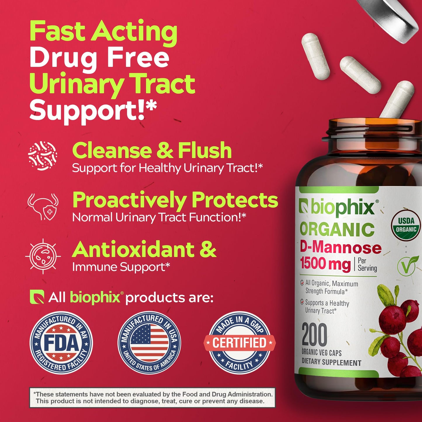 biophix D-Mannose 1500 mg Capsules, 200 Count, USDA Organic, Non-GMO, Vegan-Friendly