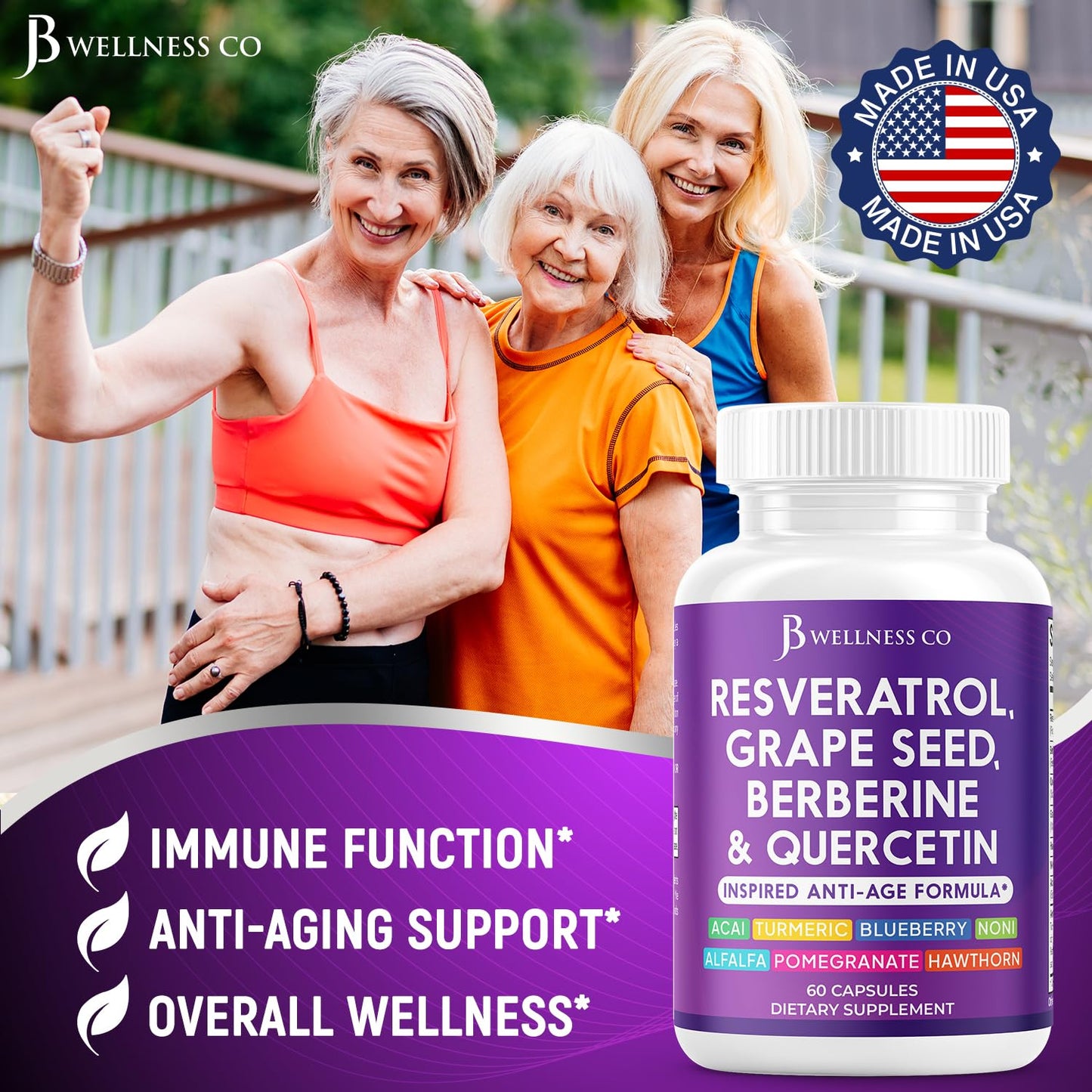 JB Wellness Co Resveratrol, Grape Seed Extract, Berberine, Quercetin - Polyphenol Supplement for Women and Men with Noni Extract, N-Acetyl Cysteine, Acai, 180 Capsules
