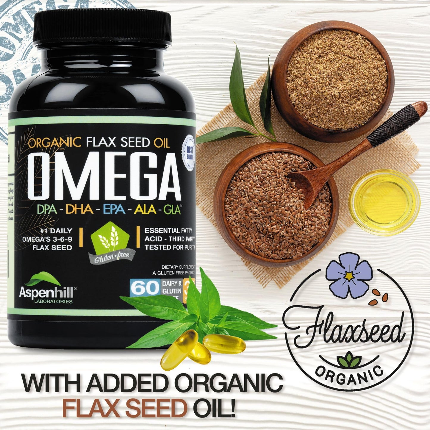 Aspenhill Laboratories Wild Caught Antarctic Omega-3 Fish Oil Super Blend with DPA, EPA, DHA, ALA and GLA with Added Organic Flax Seed Oil Softgels, 60 Count