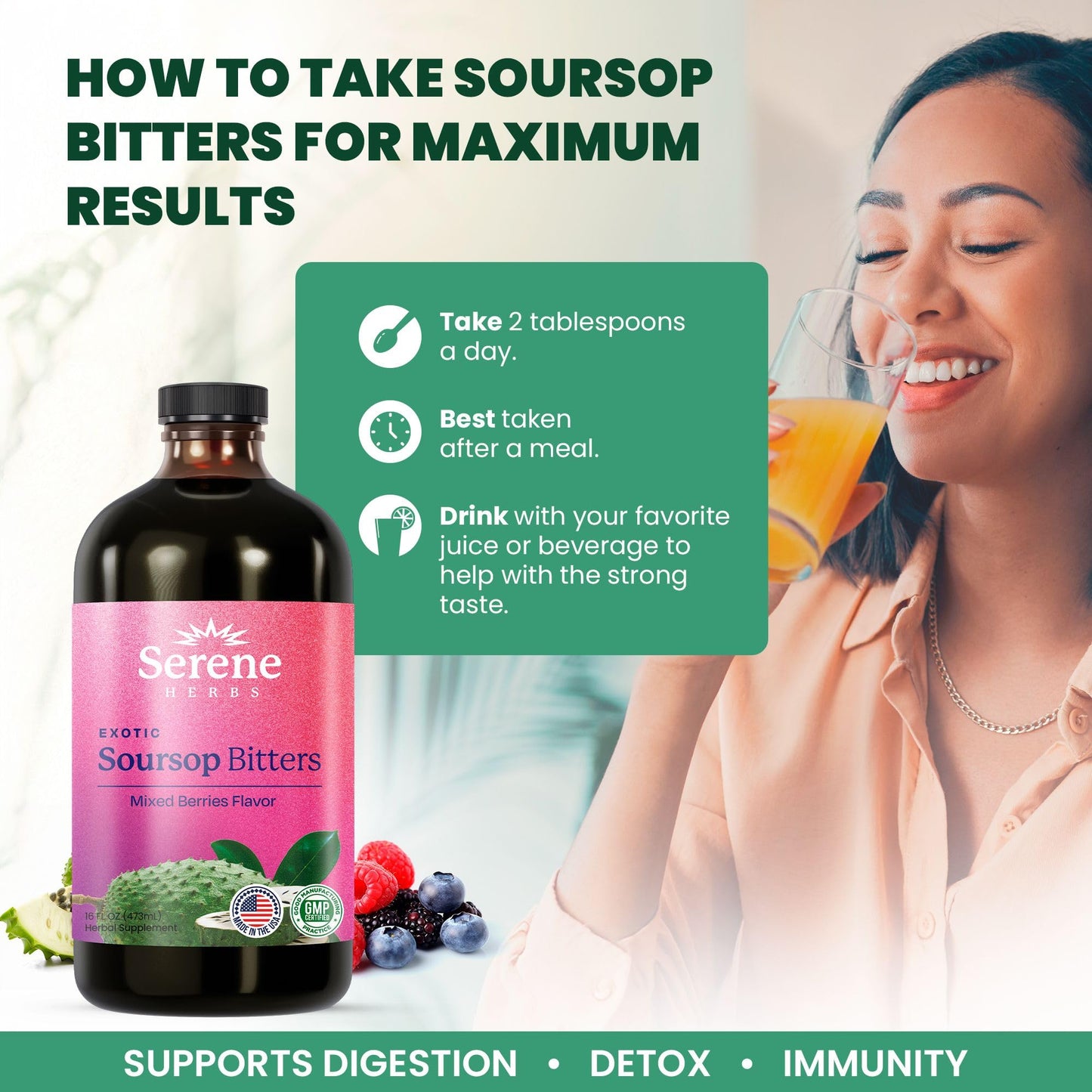 Serene Herbs Sweet Support Stack - Soursop Capsules + Mixed Berry Bitters, Capsules + Bitters, 61 Capsules