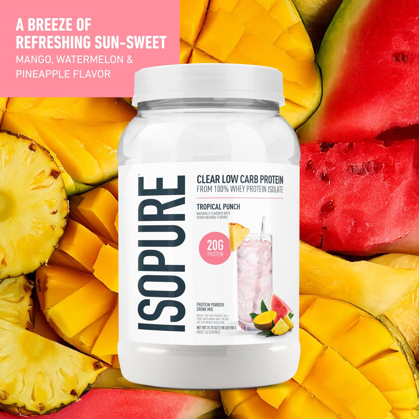 Isopure Clear Whey Isolate Protein Powder, 36 Servings, Tropical Punch, Lactose Free, Gluten Free, Naturally Flavored